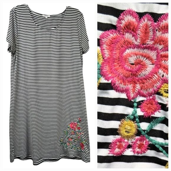 Maurices Striped T-shirt Dress Floral Embroidery Jersey Knit Shift A-Line Casual - Picture 1 of 13